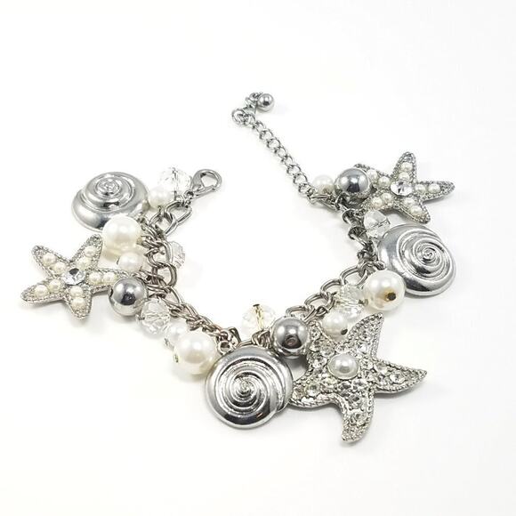 Starfish Ocean Sea Life Rhinestone Faux Pearl Charm Bracelet, 8 1/2 Inches - Picture 4 of 7